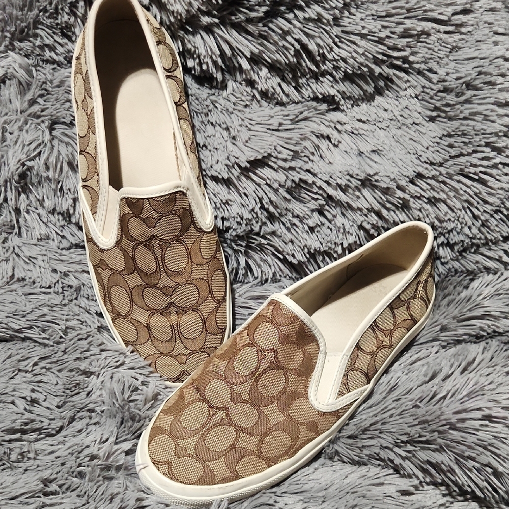 Coach Women's Brown and White Slip-On Sneakers